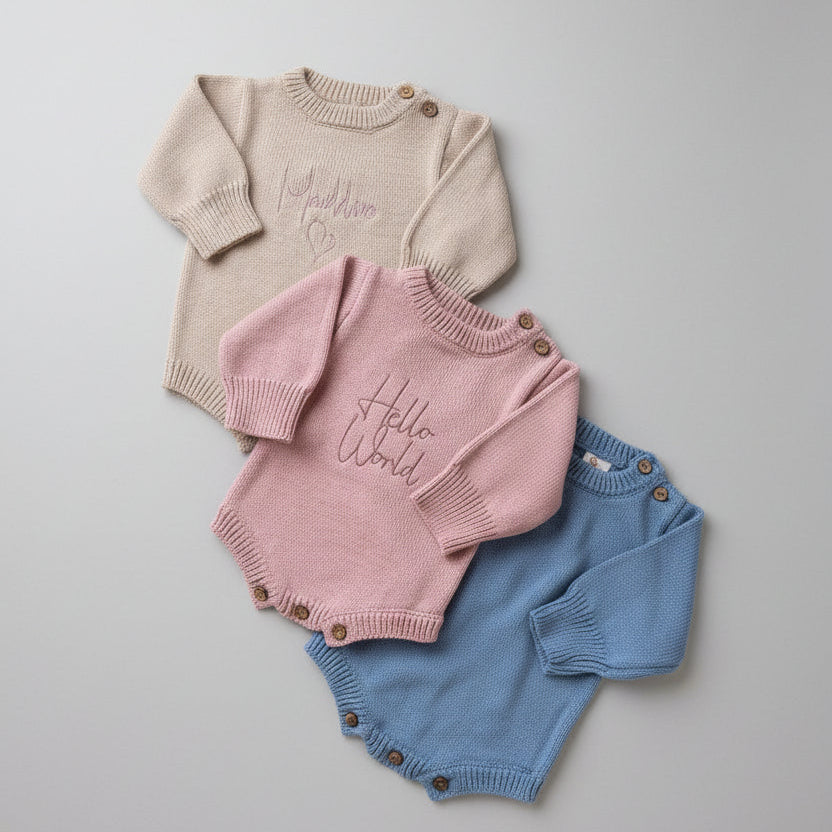 Personalised Knitted Baby Romper - Powder Blue