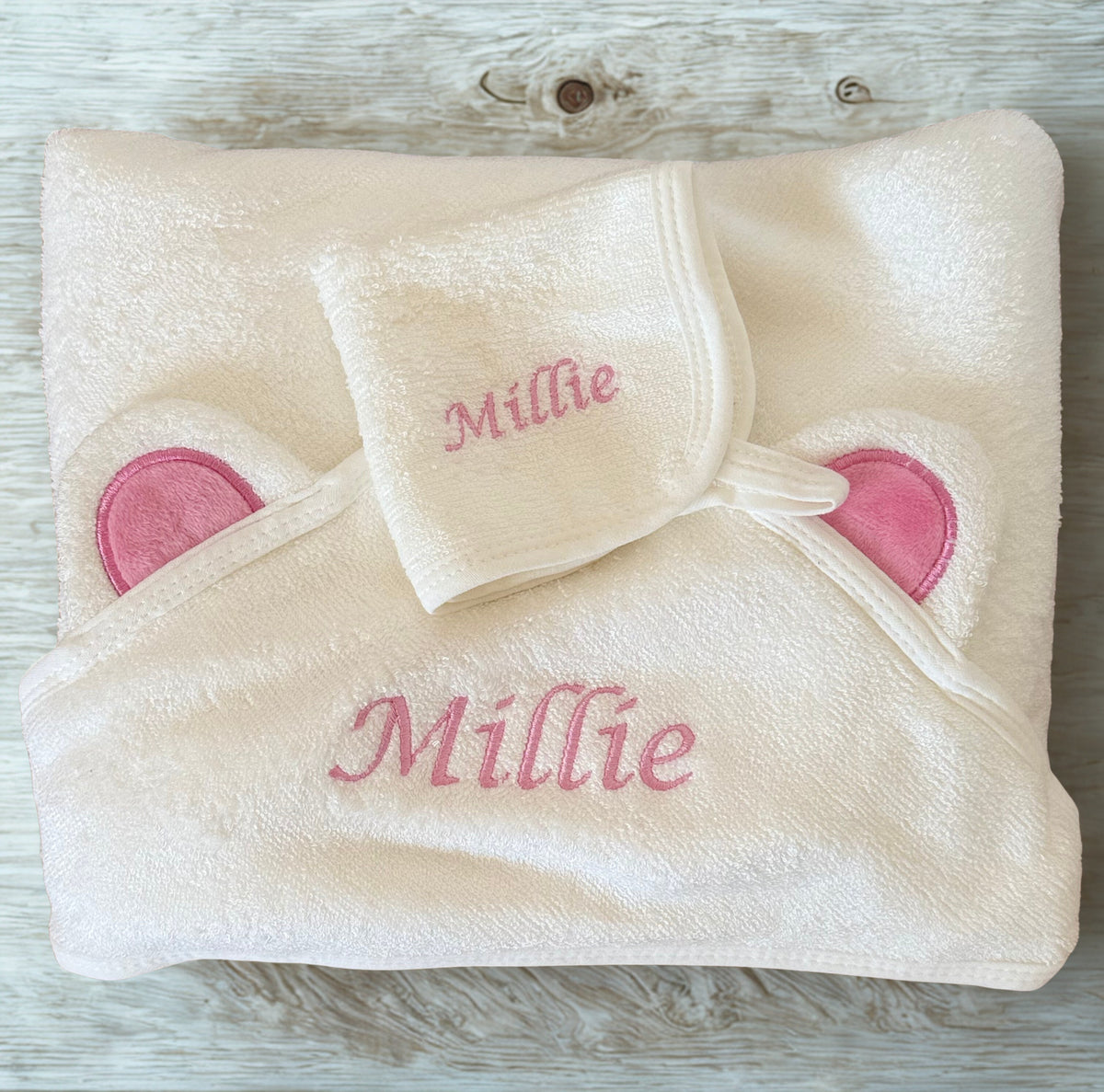 Personalised 100% Bamboo White Hooded Towel -Pink Ears