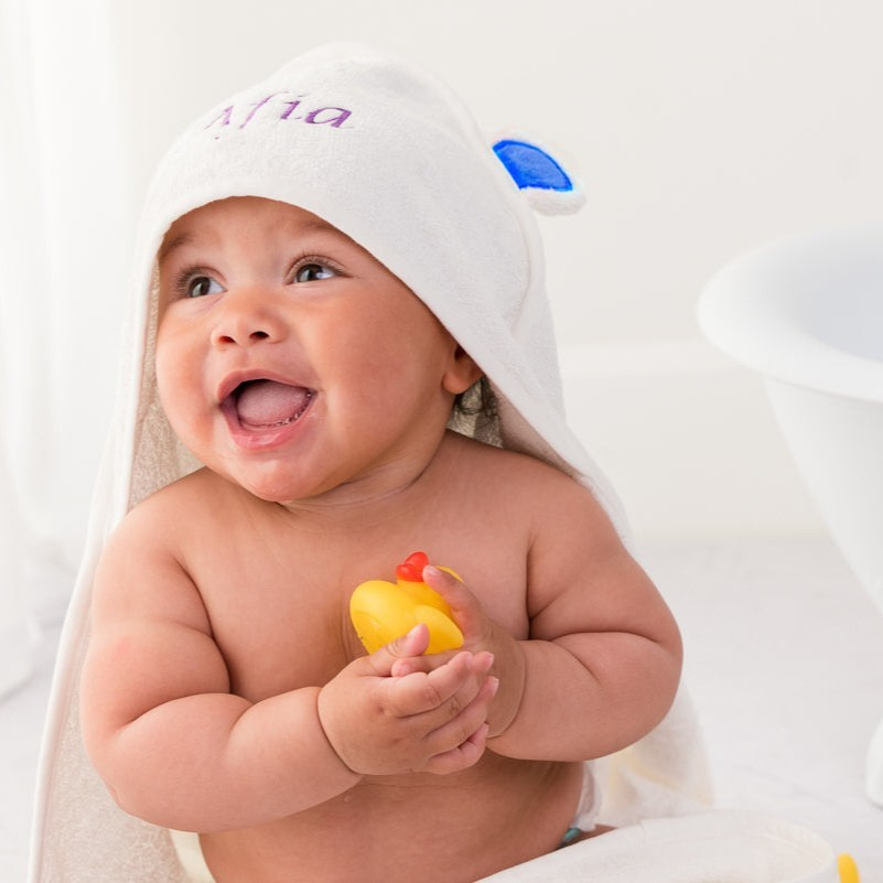 Personalised 100% Bamboo White Hooded Towel - Blue Ears